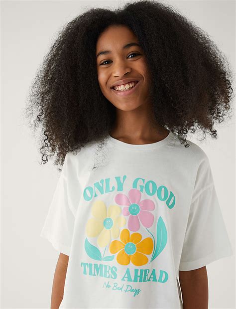 Buy Pure Cotton Floral Slogan T-Shirt (6-16 Yrs) at Marks & Spencer