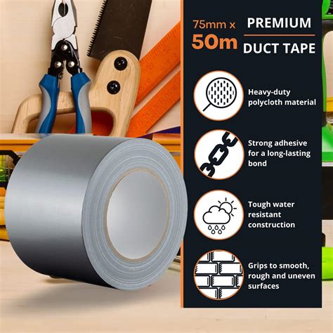 Buy GTSE Wide Silver Duct Tape, 75mm x 50m, 3” Waterproof Strong ...