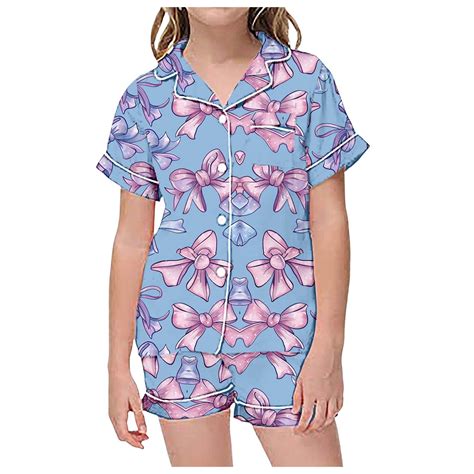 Teen Satin Pajamas For Girls Bow Printed Button Down Sleepwear With ...