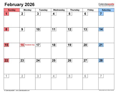 February 2026 Calendar | Templates for PDF, Excel and Word