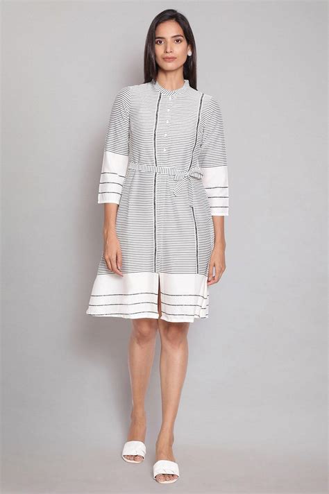 Buy Ecru Mandarin Collar Striped A-line Dress Online for Woman | WforWoman