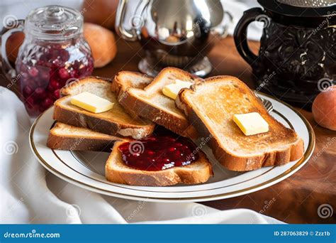 Toasted Bread with Butter and Jam on a Plate on Kitchen Table, Neural ...