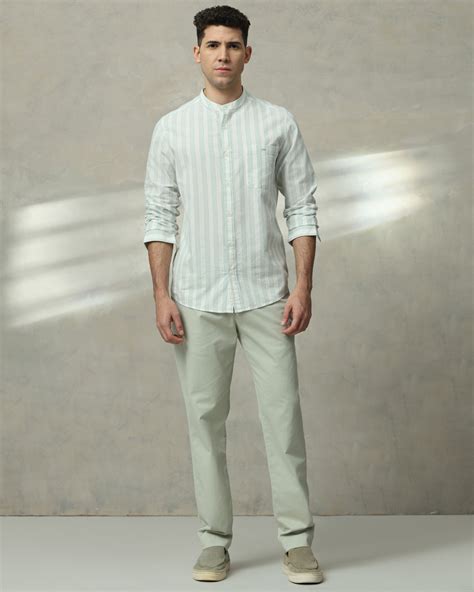 Buy Sage Cotton Linen Stripe Slim Fit Casual Shirt Online at Muftijeans