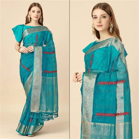 Rama Blue Floral Embroidery With Swarovski Work Organza Saree