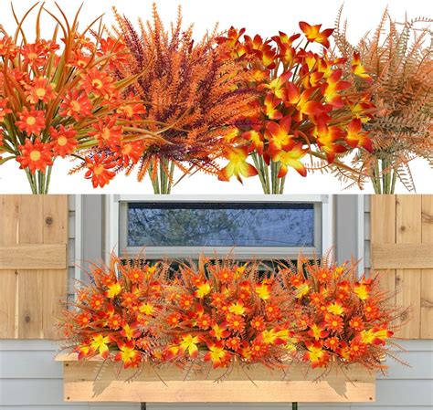 Amazon.com: Prashent 16 Pcs Artificial Fall Flowers Outdoor Faux Fall ...