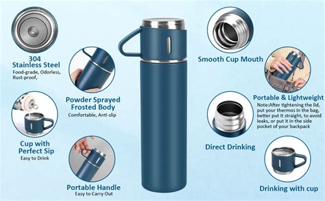 Vacuum Flask Set with 2 Cups, Double Wall Stainless Steel Thermo 500ml ...