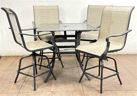 Lot - (5pc) Patio Pub Table & Barstools w/ Umbrella