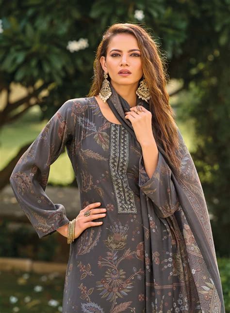 Fancy Handwork Grey Pure Muslin Unstitched Suit Material for Women ...