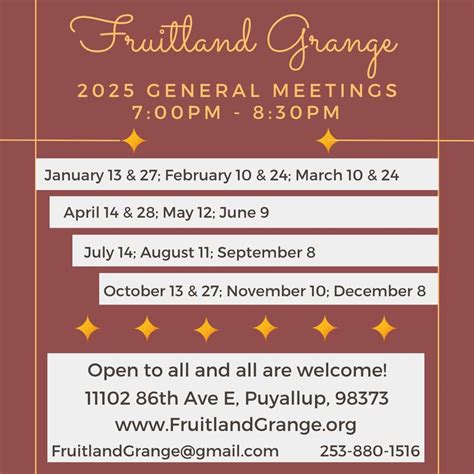 Fruitland Grange 2025 General Meetings, 11102 86th Avenue E, Puyallup ...