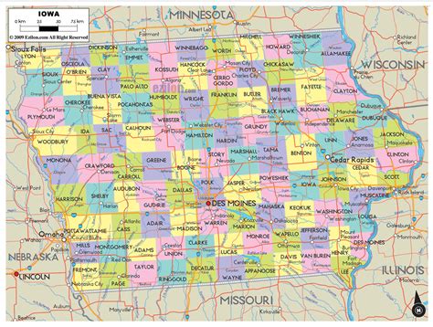 Detailed Map of Iowa with Cities, Counties and Roads | Ezilon Maps