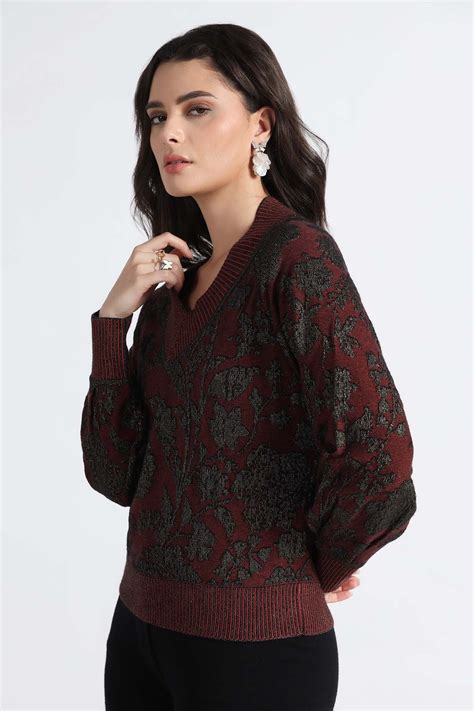 Buy BEAUTIFUL FLORAL LUREX PLATED TRANSFER JACQUARD V NECK PULLOVER ...