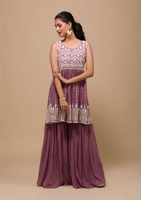 Buy Mauve Threadwork Georgette Readymade Sharara Suit - Koskii