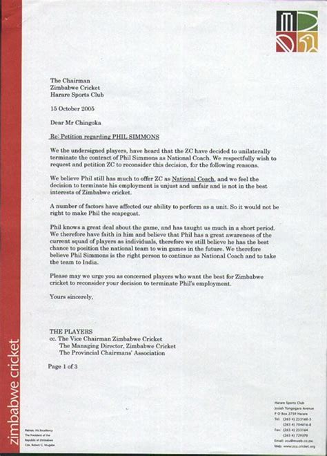 Letter from Zimbabwe played petitioning for the reinstatement of Phil ...