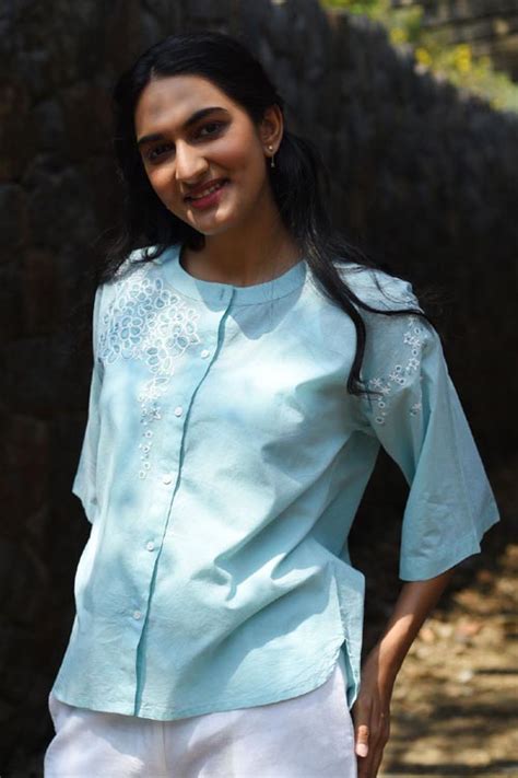 Rangsutra Nargis Blue Kashmiri Crewel Hand Embroidered Cotton Top ...