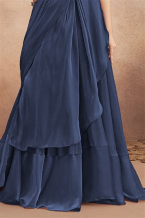 Navy Blue Ready Pleated Satin Lehenga Style Saree With Heavy Work Blou ...