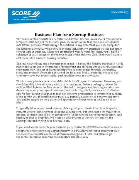 Business plan template score - Business Plan for a Startup Business The ...