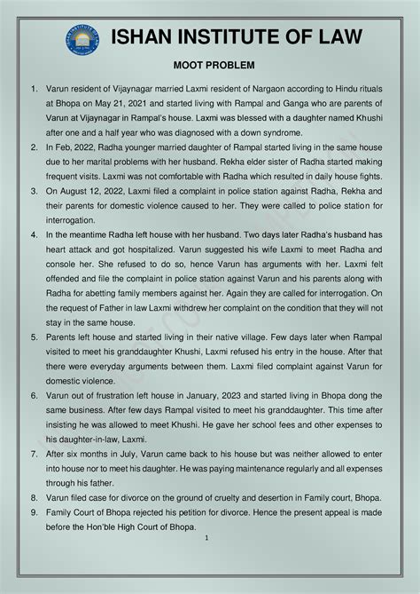 Moot problem new - ISHAN INSTITUTE OF LAW 1 MOOT PROBLEM Varun resident ...