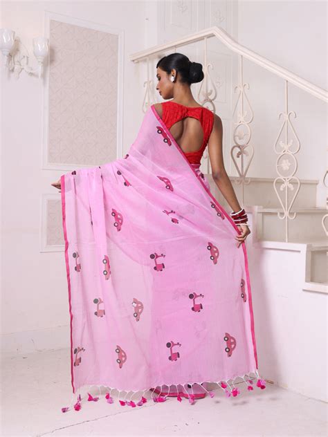 Pink Bengali Style Mulmul Cotton Soft Saree – Charukriti