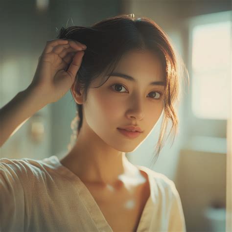 AI美女画像3枚セット｜朝の洗面所×髪を整えるナチュラル美女【生活感と清潔感ポートレート】 | aistudiolab