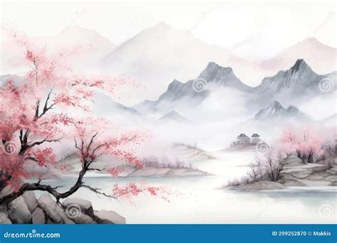 Cherry Tree Blossoms Blooming. Traditional Oriental Watercolor Painting, Japanese and Chinese ...