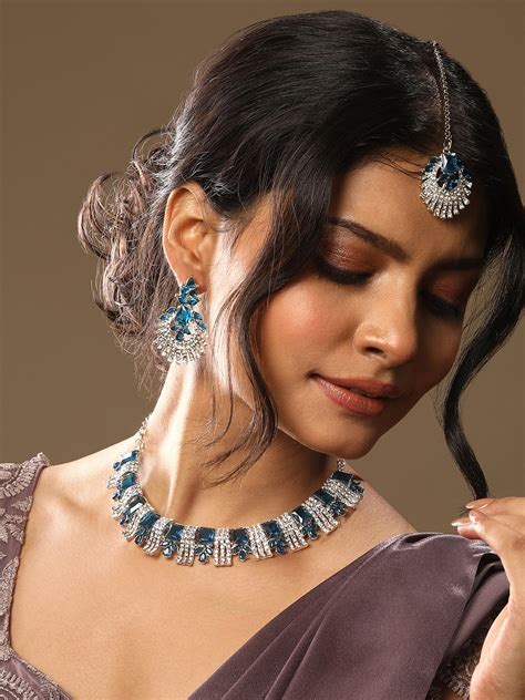 Rhodium Plated Royal Blue And White Stone Studded Choker Jewellery Set ...