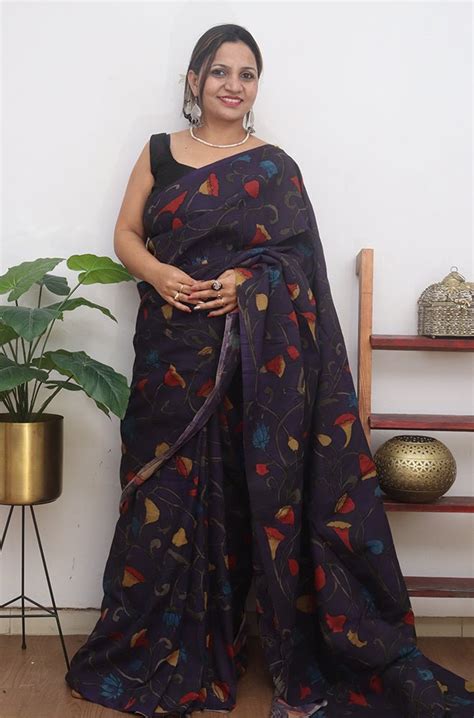 Purple Pen Kalamkari Pure Silk Saree - Luxurionworld