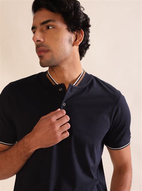 Navy Shirt - Baseball Collar Casual Navy Solid Polo for Men Online ...