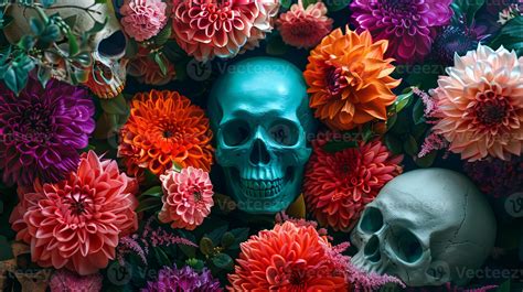 Colorful skulls surrounded by vibrant flowers for Day of the Dead ...