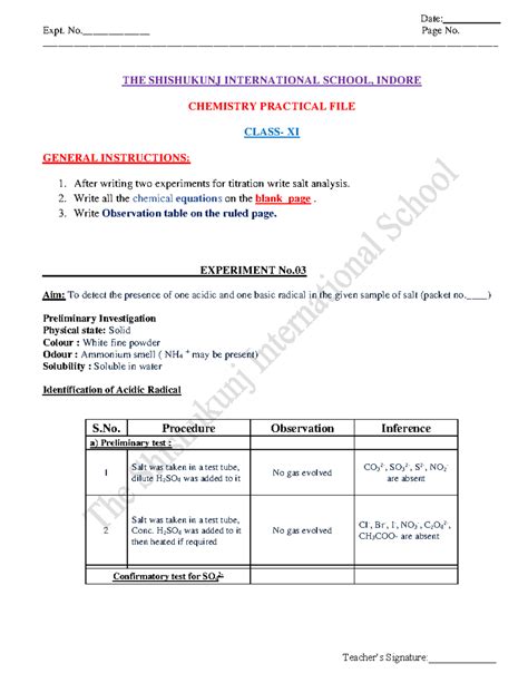 Salt Analysis Practical File for Class XI - Chemistry Lab Guide - Studocu