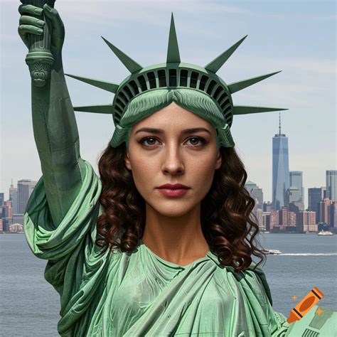 A woman dressed as the Statue of Liberty, with human face and hair ...