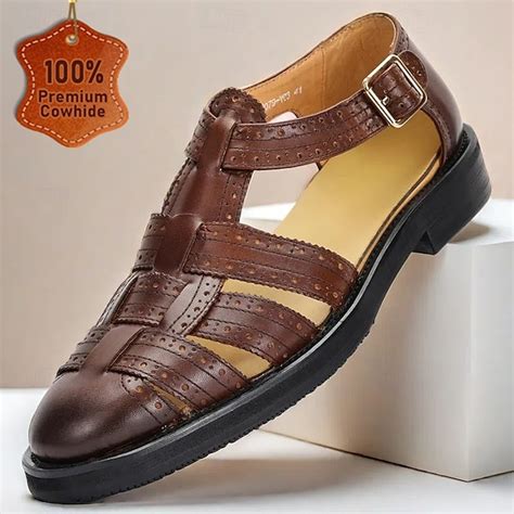 Men's Brown Genuine Leather Fisherman Sandals – Vintage Summer Dress ...