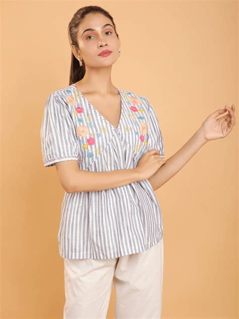 Striped Embroiderd Co-Ord Set - Blue – Charkha Tales