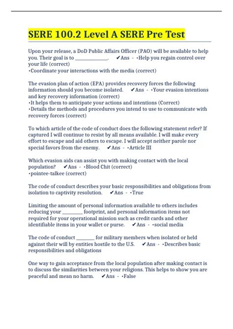 SERE 100.2 Level A SERE Pre Test 2023 - SERE 100.2 Level A SERE - Stuvia US