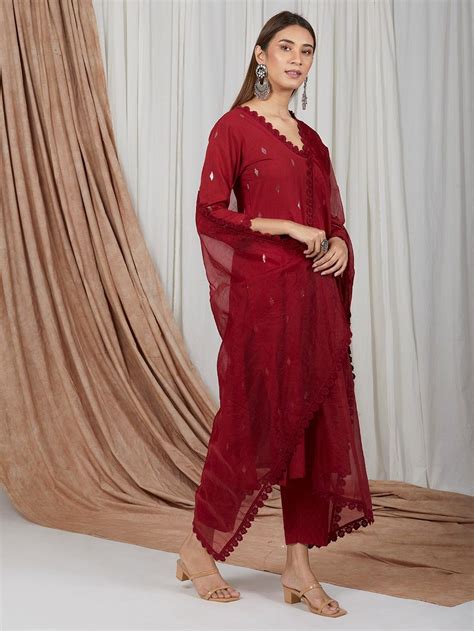 Red Cotton Lurex Suit with Organza Dupatta- Set of 3