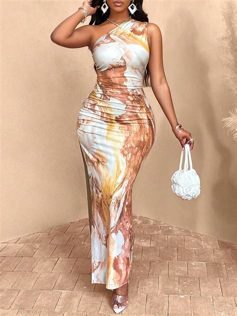 SOLERSUN Graduated Color High Slit Asymmetric Collar Ruched Dress ...