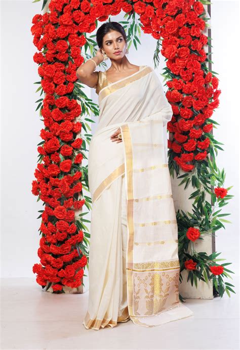 Buy Ivory Pure Kerala Kasavu Cotton Saree-UNM82321 Online at ...