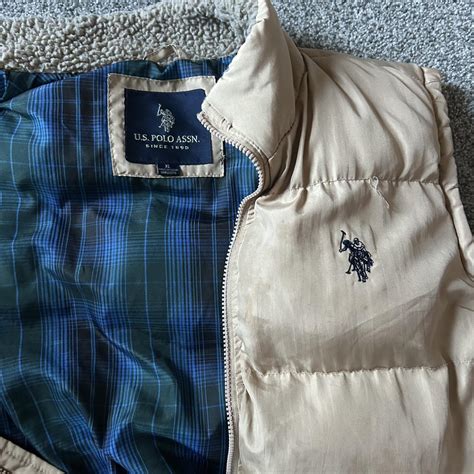 Cream and Blue Plaid Polo Puffer Vest -Very cool... | Depop