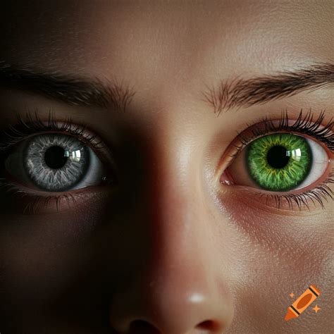 Close-up of a human face showing one gray eye and one green eye ...