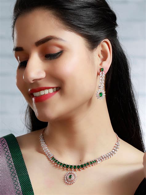 Green American Diamond Rose Gold Jewellery Set – Priyaasi