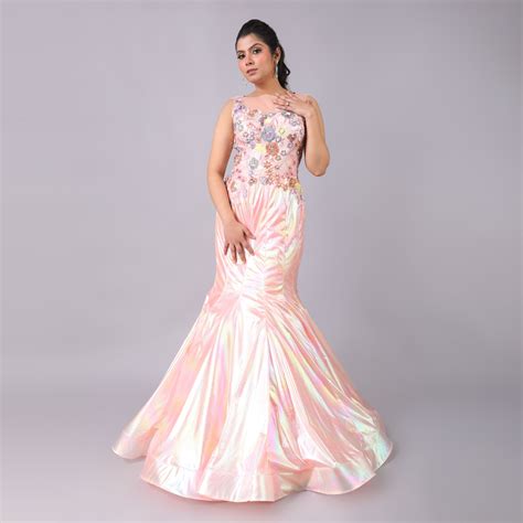 Buy Glamorous Holographic Peach Net Fish Cut Gown 3D Floral Detail for ...