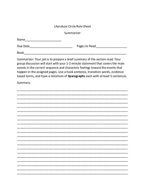 Fillable Online Literature Circle Role Sheet: Summarizer Fax Email ...