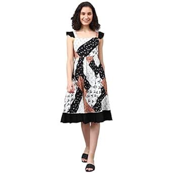 Buy DEEBACO Women's Floral Print Rayon Black Patch Midi Dress for Women ...