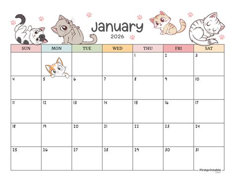 January 2026 Calendar Cat Themed 01 | 50+ Free Printable Planners ...