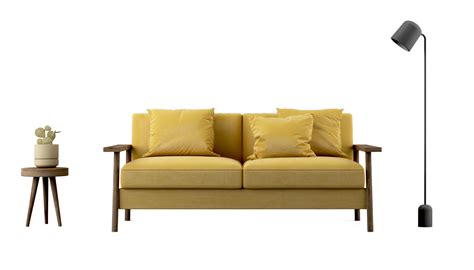 Yellow sofa with floor lamp and side table 19634927 PNG