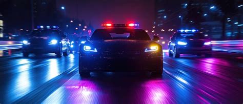 Police car with flashing lights driving on wet city street at night ...