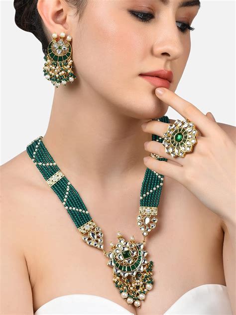 ZAVERI PEARLS Green Beaded Meenakari Long Kundan Necklace Earring ...