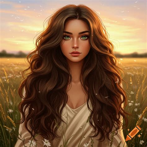 Portrait of a beautiful woman with long wavy brown hair and green eyes ...