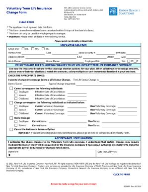 Fillable Online 822499 NYL GBS Voluntary Term Life Insurance Change ...