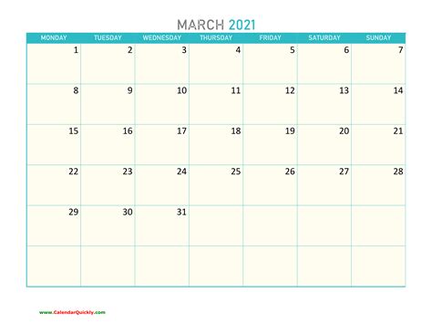 March Monday 2021 Calendar Printable | Calendar Quickly