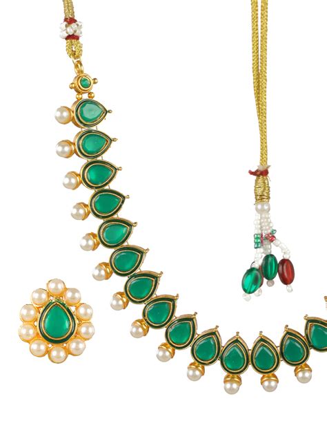 Priyaasi Green Leaf Pearl Gold-Plated Jewellery Set